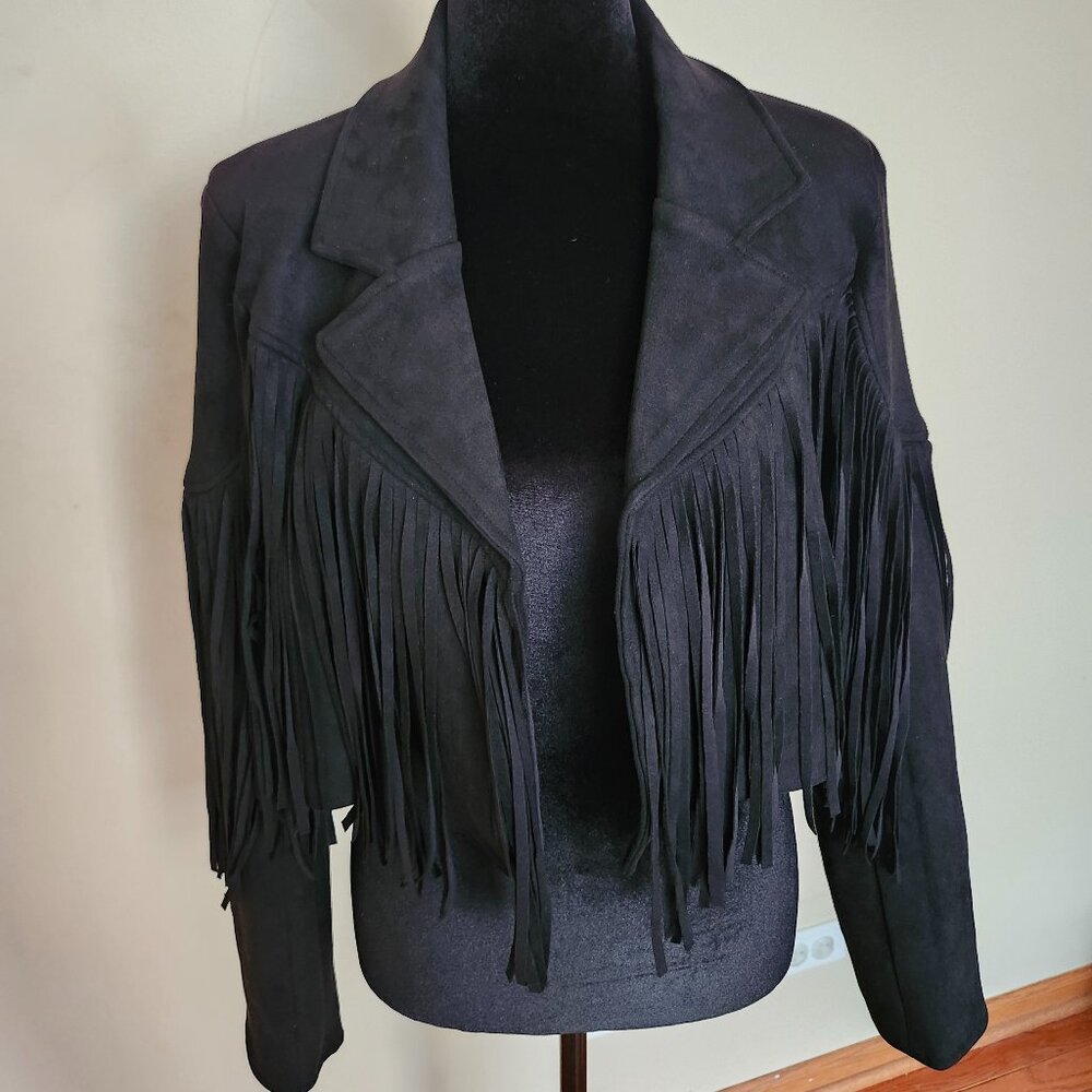 Boho Fringed Faux Suede Moto Jacket -Black